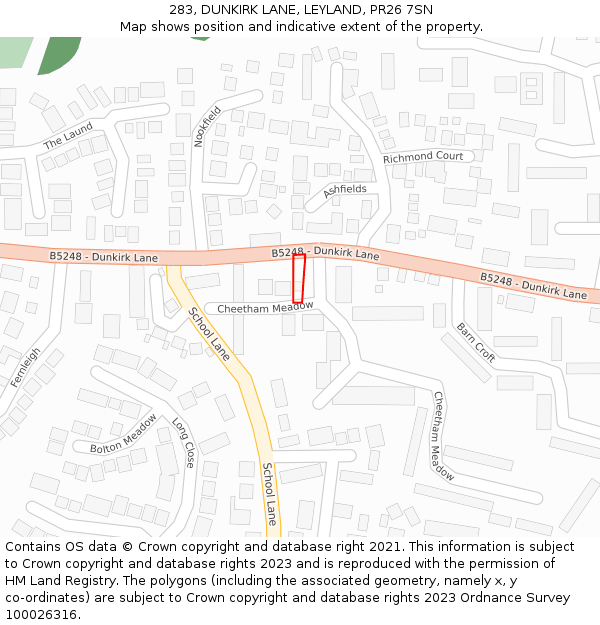 283, DUNKIRK LANE, LEYLAND, PR26 7SN: Location map and indicative extent of plot