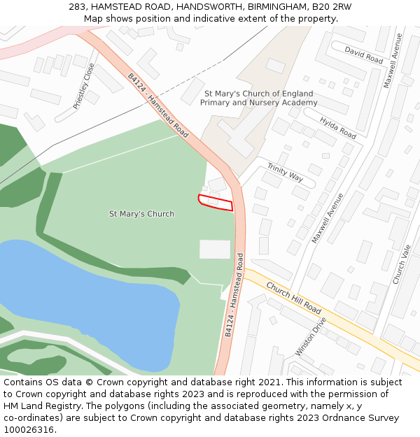 283, HAMSTEAD ROAD, HANDSWORTH, BIRMINGHAM, B20 2RW: Location map and indicative extent of plot