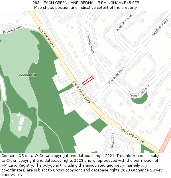 283, LEACH GREEN LANE, REDNAL, BIRMINGHAM, B45 8EB: Location map and indicative extent of plot