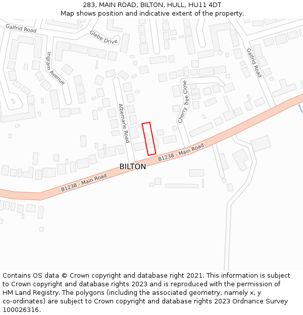 283, MAIN ROAD, BILTON, HULL, HU11 4DT: Location map and indicative extent of plot