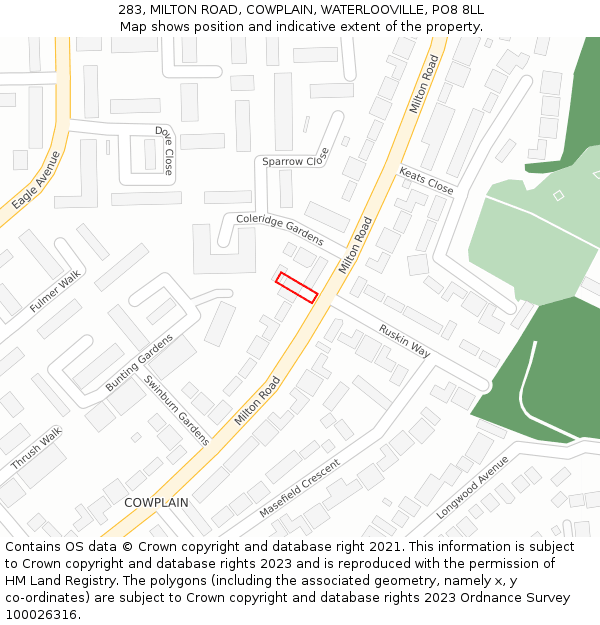 283, MILTON ROAD, COWPLAIN, WATERLOOVILLE, PO8 8LL: Location map and indicative extent of plot