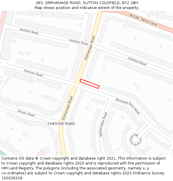 283, ORPHANAGE ROAD, SUTTON COLDFIELD, B72 1BH: Location map and indicative extent of plot