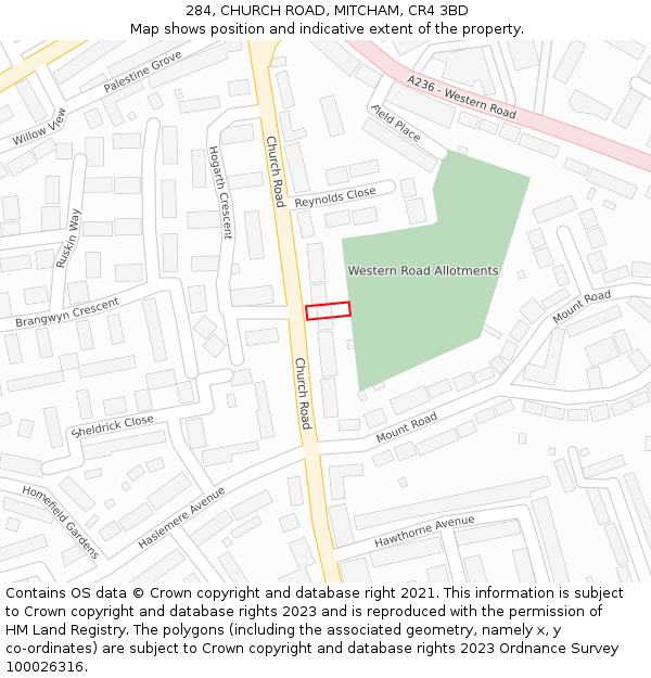 284, CHURCH ROAD, MITCHAM, CR4 3BD: Location map and indicative extent of plot