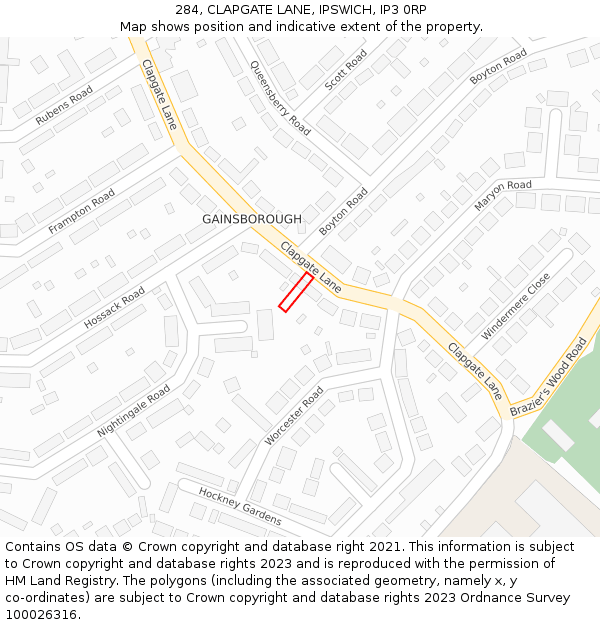 284, CLAPGATE LANE, IPSWICH, IP3 0RP: Location map and indicative extent of plot