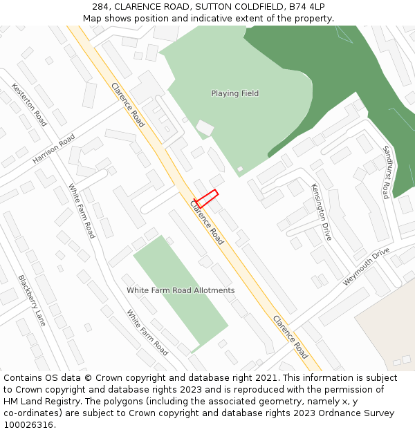 284, CLARENCE ROAD, SUTTON COLDFIELD, B74 4LP: Location map and indicative extent of plot