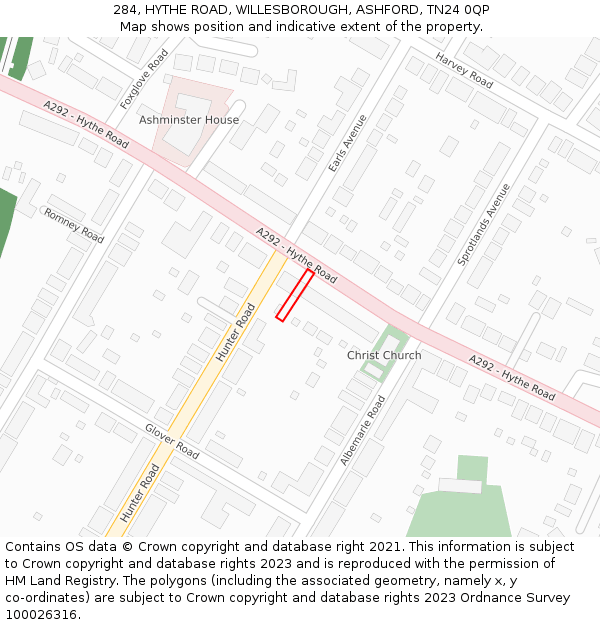 284, HYTHE ROAD, WILLESBOROUGH, ASHFORD, TN24 0QP: Location map and indicative extent of plot