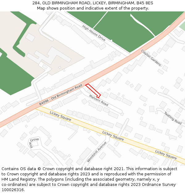 284, OLD BIRMINGHAM ROAD, LICKEY, BIRMINGHAM, B45 8ES: Location map and indicative extent of plot