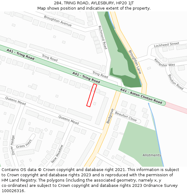 284, TRING ROAD, AYLESBURY, HP20 1JT: Location map and indicative extent of plot