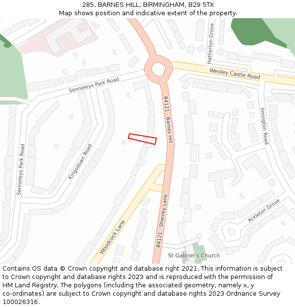 285, BARNES HILL, BIRMINGHAM, B29 5TX: Location map and indicative extent of plot