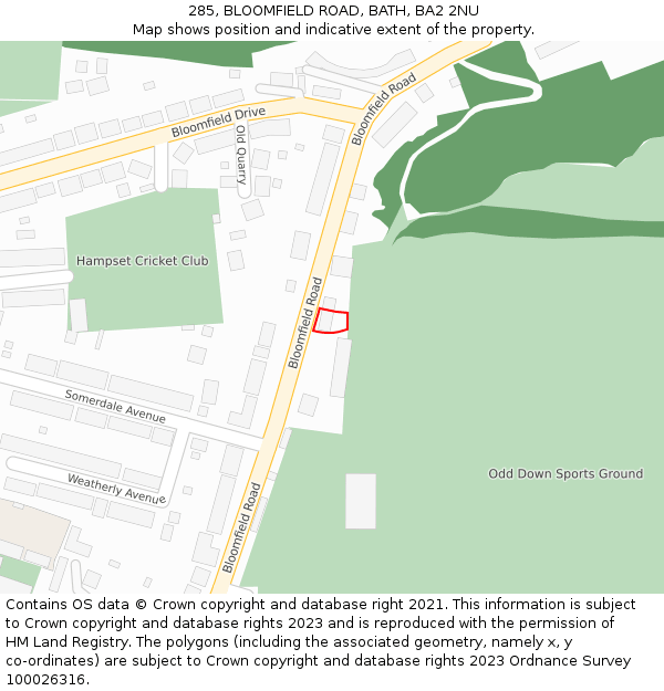 285, BLOOMFIELD ROAD, BATH, BA2 2NU: Location map and indicative extent of plot