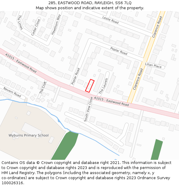 285, EASTWOOD ROAD, RAYLEIGH, SS6 7LQ: Location map and indicative extent of plot