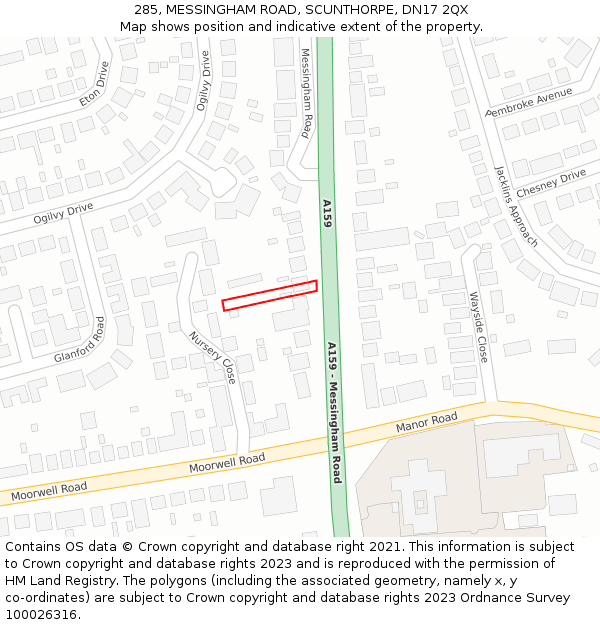 285, MESSINGHAM ROAD, SCUNTHORPE, DN17 2QX: Location map and indicative extent of plot
