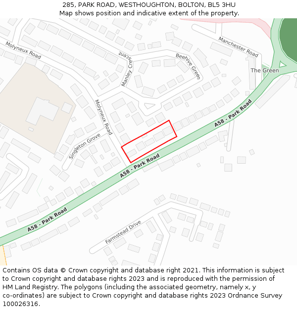 285, PARK ROAD, WESTHOUGHTON, BOLTON, BL5 3HU: Location map and indicative extent of plot