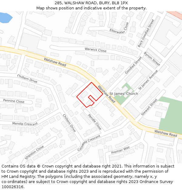 285, WALSHAW ROAD, BURY, BL8 1PX: Location map and indicative extent of plot