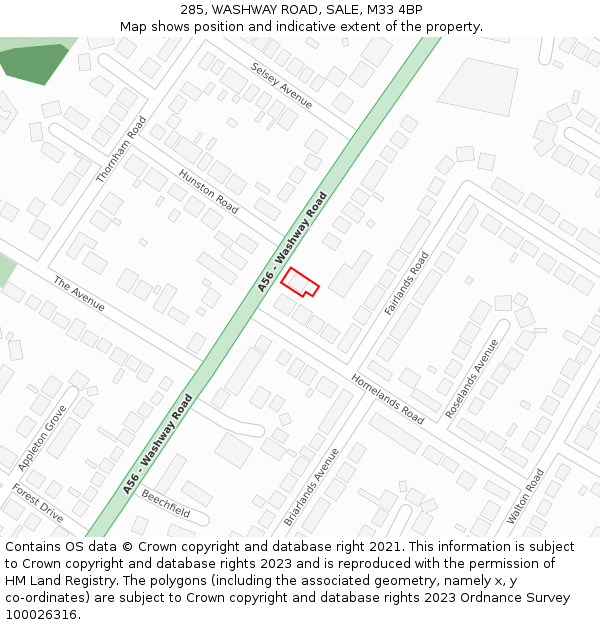 285, WASHWAY ROAD, SALE, M33 4BP: Location map and indicative extent of plot