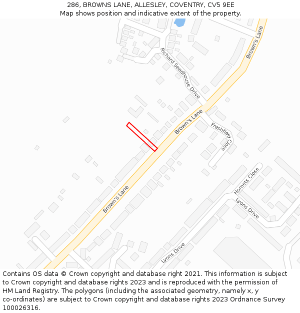 286, BROWNS LANE, ALLESLEY, COVENTRY, CV5 9EE: Location map and indicative extent of plot