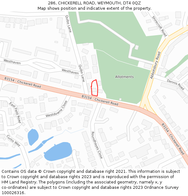 286, CHICKERELL ROAD, WEYMOUTH, DT4 0QZ: Location map and indicative extent of plot