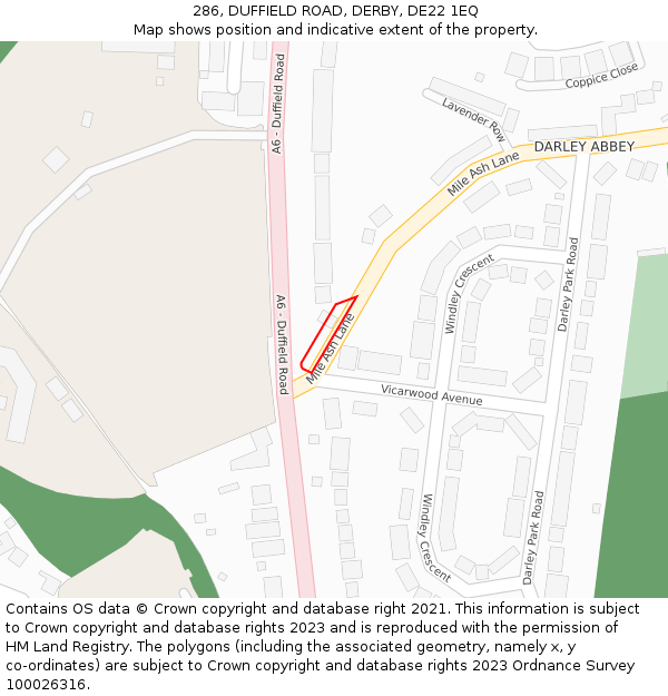 286, DUFFIELD ROAD, DERBY, DE22 1EQ: Location map and indicative extent of plot