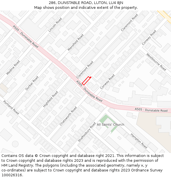 286, DUNSTABLE ROAD, LUTON, LU4 8JN: Location map and indicative extent of plot