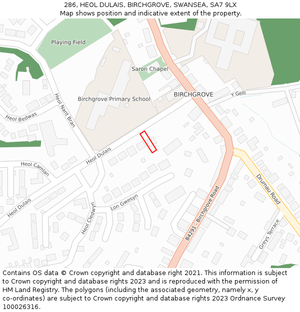 286, HEOL DULAIS, BIRCHGROVE, SWANSEA, SA7 9LX: Location map and indicative extent of plot