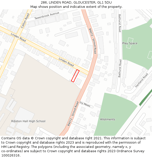 286, LINDEN ROAD, GLOUCESTER, GL1 5DU: Location map and indicative extent of plot