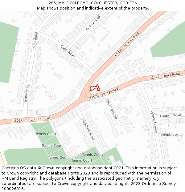 286, MALDON ROAD, COLCHESTER, CO3 3BN: Location map and indicative extent of plot