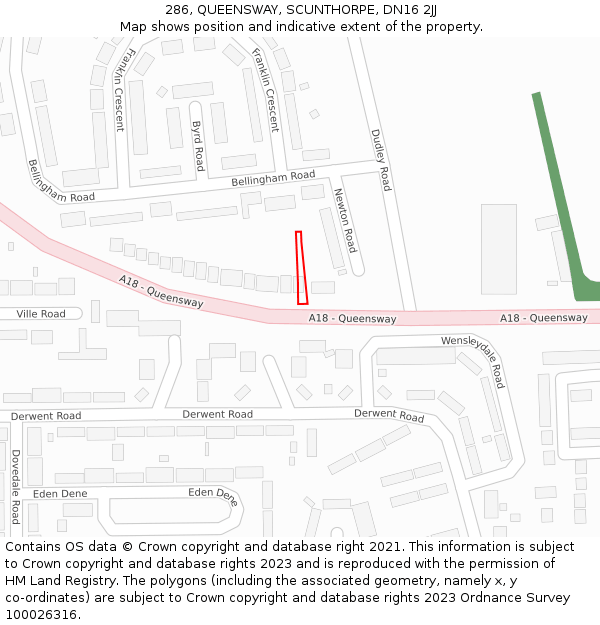 286, QUEENSWAY, SCUNTHORPE, DN16 2JJ: Location map and indicative extent of plot