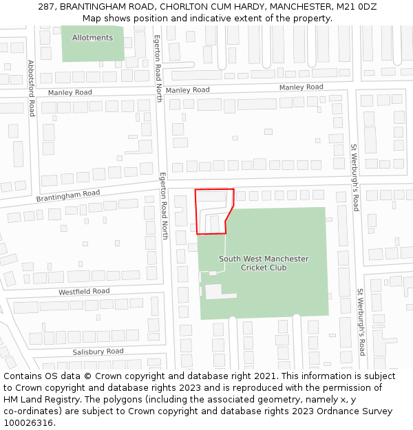 287, BRANTINGHAM ROAD, CHORLTON CUM HARDY, MANCHESTER, M21 0DZ: Location map and indicative extent of plot