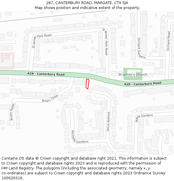 287, CANTERBURY ROAD, MARGATE, CT9 5JA: Location map and indicative extent of plot