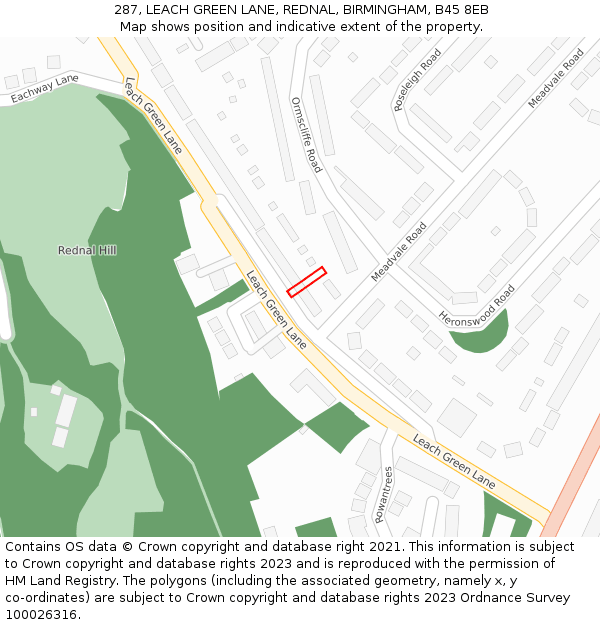 287, LEACH GREEN LANE, REDNAL, BIRMINGHAM, B45 8EB: Location map and indicative extent of plot