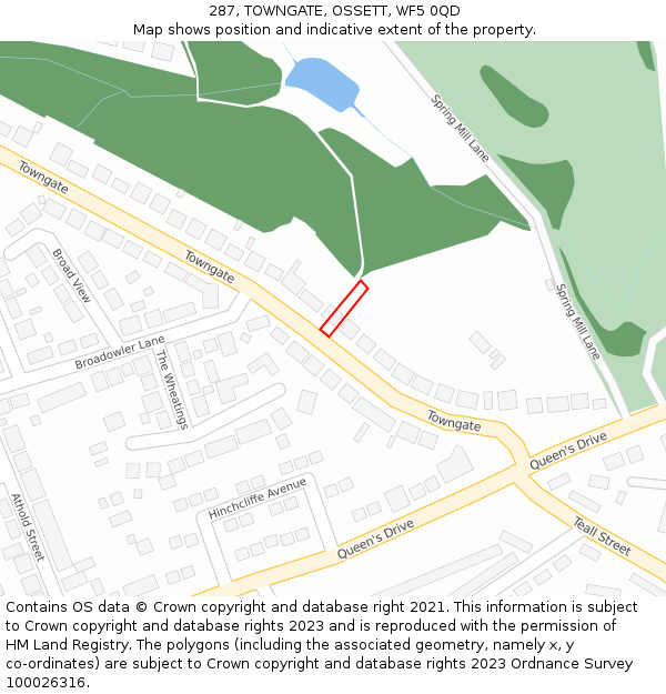 287, TOWNGATE, OSSETT, WF5 0QD: Location map and indicative extent of plot