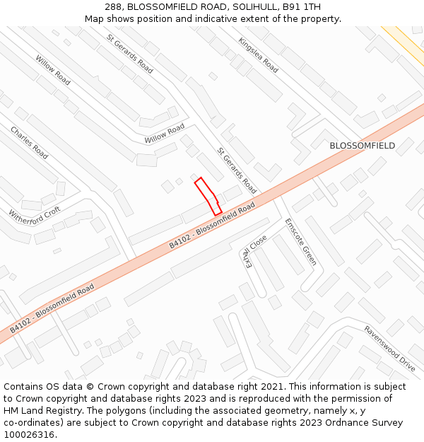 288, BLOSSOMFIELD ROAD, SOLIHULL, B91 1TH: Location map and indicative extent of plot