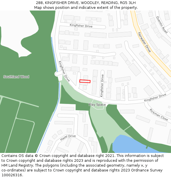 288, KINGFISHER DRIVE, WOODLEY, READING, RG5 3LH: Location map and indicative extent of plot