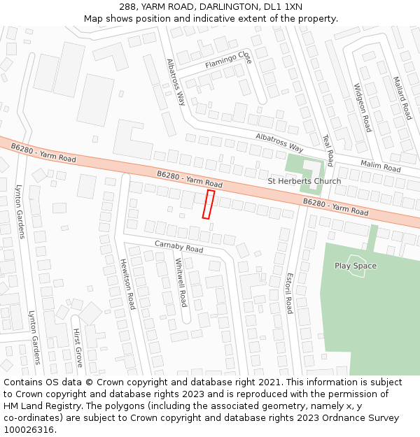 288, YARM ROAD, DARLINGTON, DL1 1XN: Location map and indicative extent of plot