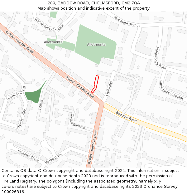 289, BADDOW ROAD, CHELMSFORD, CM2 7QA: Location map and indicative extent of plot