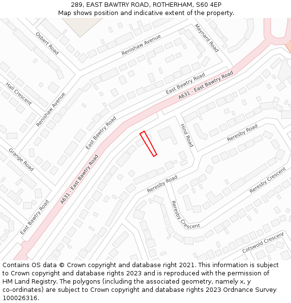 289, EAST BAWTRY ROAD, ROTHERHAM, S60 4EP: Location map and indicative extent of plot