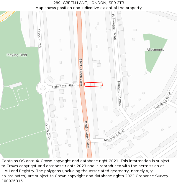 289, GREEN LANE, LONDON, SE9 3TB: Location map and indicative extent of plot