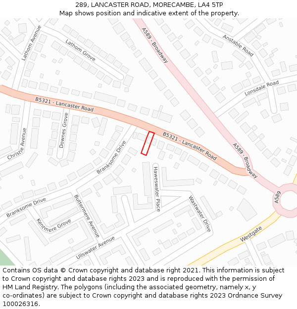 289, LANCASTER ROAD, MORECAMBE, LA4 5TP: Location map and indicative extent of plot