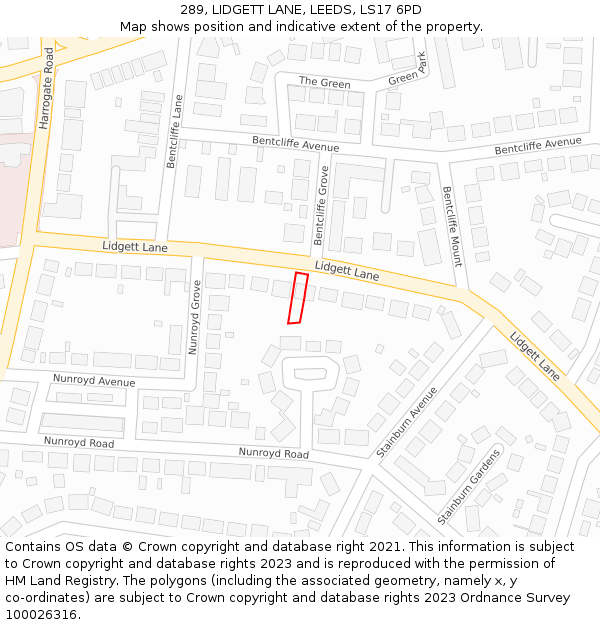 289, LIDGETT LANE, LEEDS, LS17 6PD: Location map and indicative extent of plot