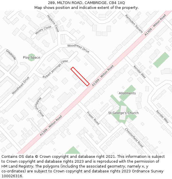 289, MILTON ROAD, CAMBRIDGE, CB4 1XQ: Location map and indicative extent of plot