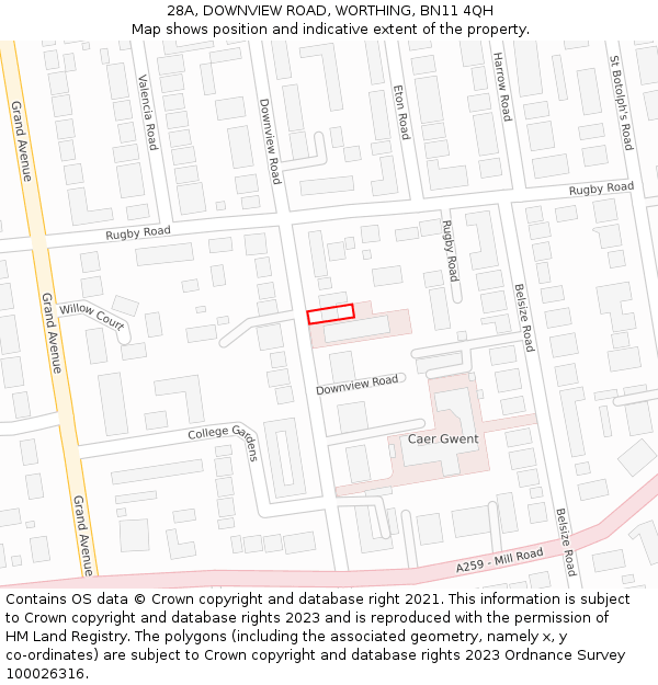 28A, DOWNVIEW ROAD, WORTHING, BN11 4QH: Location map and indicative extent of plot