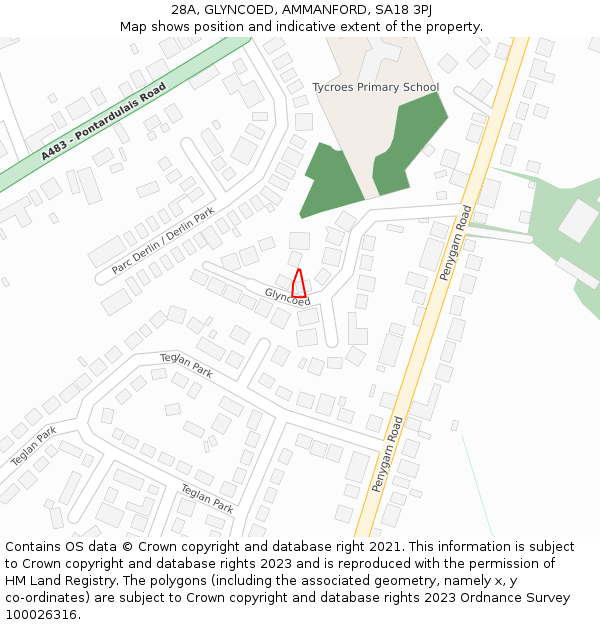 28A, GLYNCOED, AMMANFORD, SA18 3PJ: Location map and indicative extent of plot