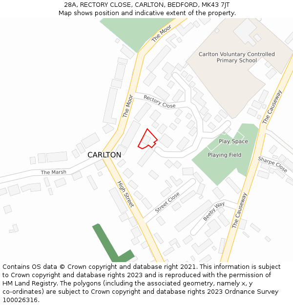 28A, RECTORY CLOSE, CARLTON, BEDFORD, MK43 7JT: Location map and indicative extent of plot