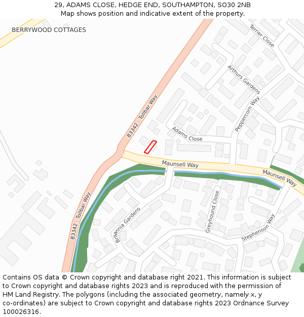 29, ADAMS CLOSE, HEDGE END, SOUTHAMPTON, SO30 2NB: Location map and indicative extent of plot