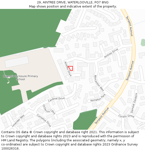 29, AINTREE DRIVE, WATERLOOVILLE, PO7 8NG: Location map and indicative extent of plot