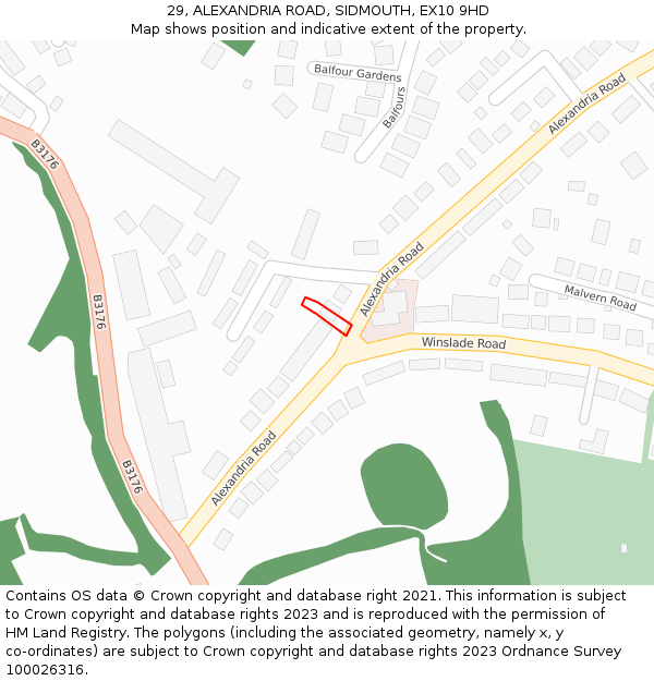 29, ALEXANDRIA ROAD, SIDMOUTH, EX10 9HD: Location map and indicative extent of plot