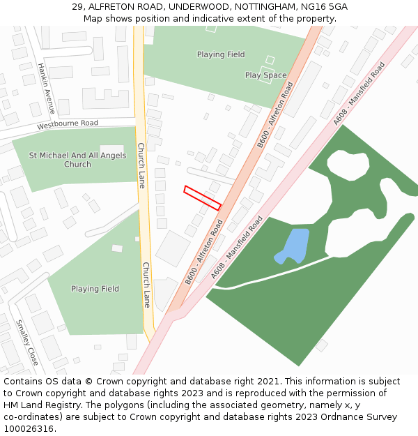 29, ALFRETON ROAD, UNDERWOOD, NOTTINGHAM, NG16 5GA: Location map and indicative extent of plot