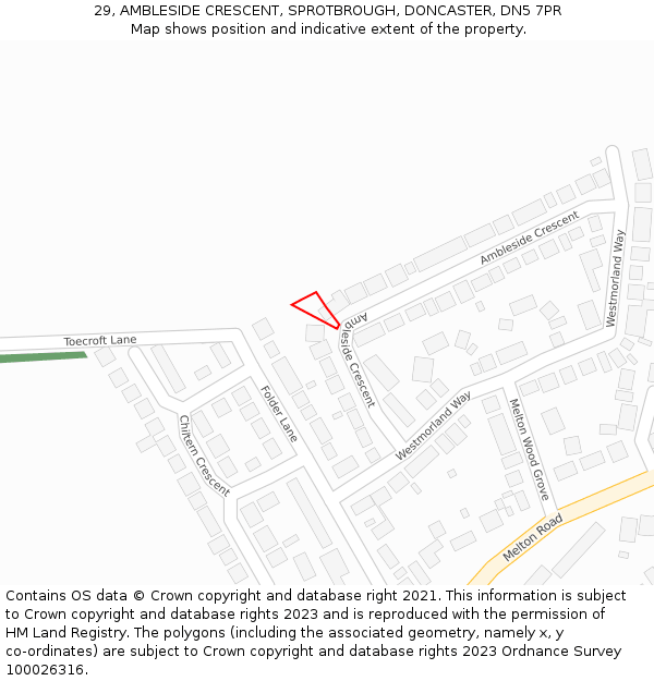 29, AMBLESIDE CRESCENT, SPROTBROUGH, DONCASTER, DN5 7PR: Location map and indicative extent of plot