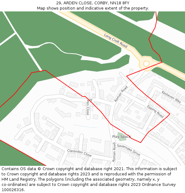 29, ARDEN CLOSE, CORBY, NN18 8FY: Location map and indicative extent of plot