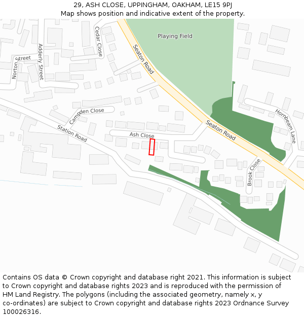 29, ASH CLOSE, UPPINGHAM, OAKHAM, LE15 9PJ: Location map and indicative extent of plot